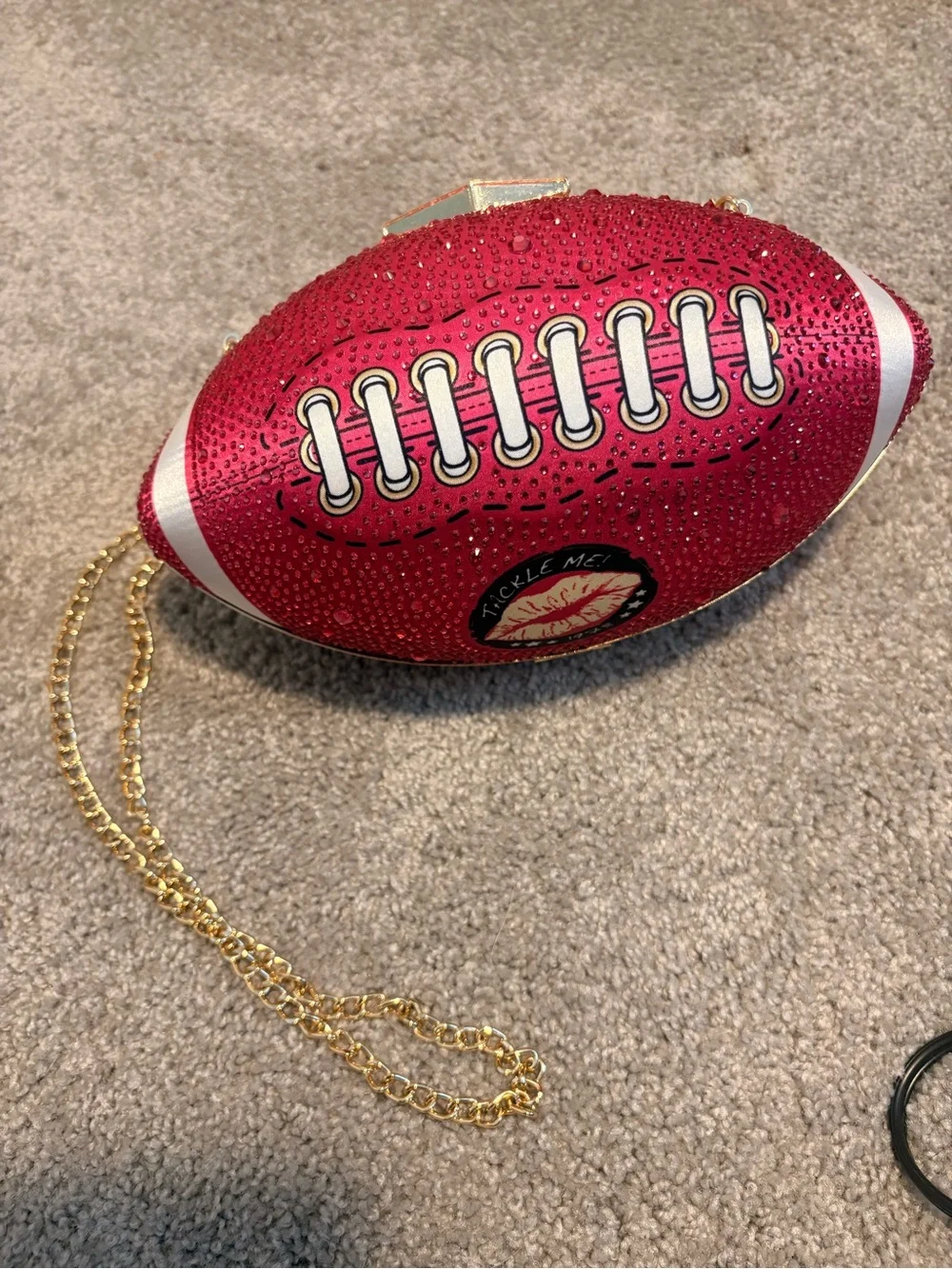 Betsy Johnson embellished Tackle Me pink Crystal Football Clutch w/gold Chain
